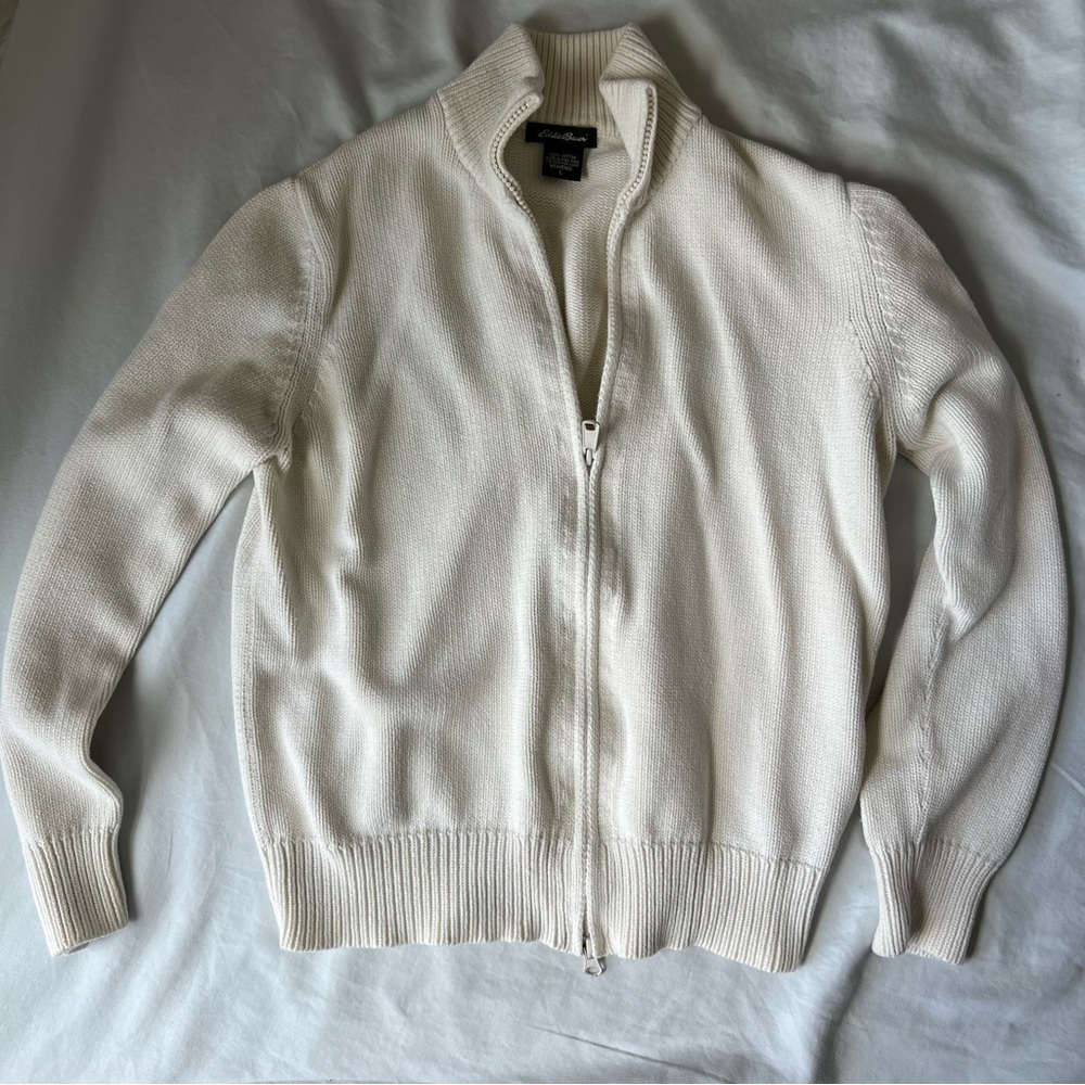 100% Cotton Ivory Full-Zip Knit Sweater